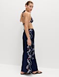 Pure Cotton Printed Drawstring Wide Leg Beach Trousers