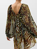 Animal Print Balloon Sleeve Mini Beach Dress