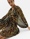 Animal Print Balloon Sleeve Mini Beach Dress