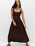 Pure Linen Scoop Neck Waisted Midaxi Dress