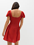 Linen Blend Square Neck Puff Sleeve Mini Dress