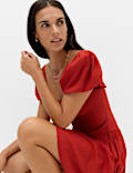 Linen Blend Square Neck Puff Sleeve Mini Dress