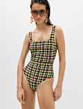 Printed Padded Belted Square Neck Swimsuit