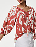 Linen Rich Printed Tie Neck Blouse