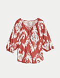 Linen Rich Printed Tie Neck Blouse