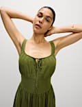 Linen Rich Round Neck Strappy Midi Swing Dress