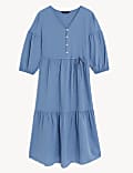 Linen Blend V-Neck Belted Midi Tiered Dress