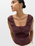 Pure Linen Square Neck Ruched Top