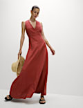 Linen Rich Halterneck Maxi Waisted Dress