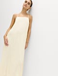 Square Neck Lace Insert Maxi Shift Dress with Linen