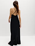 Square Neck Lace Insert Maxi Shift Dress with Linen