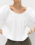 Linen Rich Pleated Puff Sleeve Top
