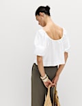 Linen Rich Pleated Puff Sleeve Top