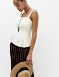 Pure Linen Square Neck Panelled Peplum Top
