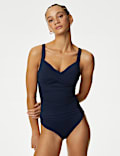 Maillot de bain ampliforme, plongeant &agrave; motif ruch&eacute;, effet ventre plat 360