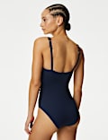 Maillot de bain ampliforme, plongeant &agrave; motif ruch&eacute;, effet ventre plat 360