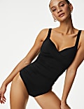 Maillot de bain ampliforme, plongeant à motif ruché, effet ventre plat 360