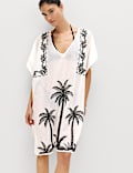 Robe caftan coupe courte en coton brod&eacute;