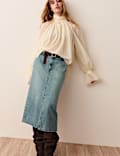 Denim Split Front Midi Straight Skirt