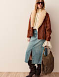 Denim Split Front Midi Straight Skirt