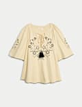 Pure Cotton Embroidered Tie Neck Blouse