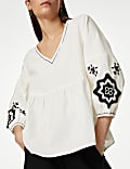 Pure Cotton Embroidered V-Neck Blouse