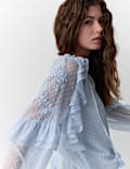 Textured Tie Neck Ruffle Puff Sleeve Blouse