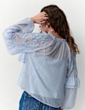 Textured Tie Neck Ruffle Puff Sleeve Blouse