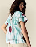 Cotton Rich Printed Tie Neck Frill Detail Top