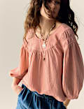 Pure Cotton Blouson Sleeve Popover Blouse