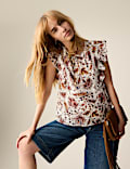 Printed Lace Insert Ruffle Top