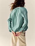 Pure Cotton Embroidered Tie Neck Oversized Blouse