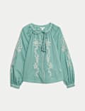 Pure Cotton Embroidered Tie Neck Oversized Blouse