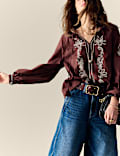 Pure Cotton Embroidered Tie Neck Oversized Blouse