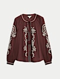 Pure Cotton Embroidered Tie Neck Oversized Blouse