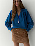Pure Cotton Denim V-Neck Pintuck Blouse