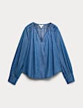 Pure Cotton Denim V-Neck Pintuck Blouse