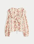 Printed Tie Neck Ruffle Blouse