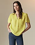 Pure Cotton Textured Tie Neck Blouse