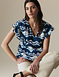 Cupro Blend Printed V Neck Blouse