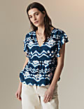 Cupro Blend Printed V Neck Blouse