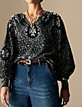 Printed V-Neck Blouson Sleeve Top