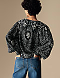 Printed V-Neck Blouson Sleeve Top