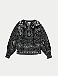 Gemustertes Oberteil mit Blouson-Ärmeln und V-Ausschnitt
