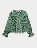 Sheer Printed Ruffle Blouse