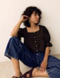 Cotton Rich Embroidered Square Neck Lace Detail Blouse