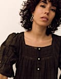 Cotton Rich Embroidered Square Neck Lace Detail Blouse