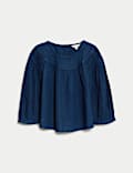Pure Cotton Round Neck Gathered Popover Blouse