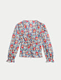 Pure Cotton Floral V-Neck Tie Front Blouse