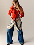 Cotton Rich Square Neck Lace Detail Puff Sleeve Blouse